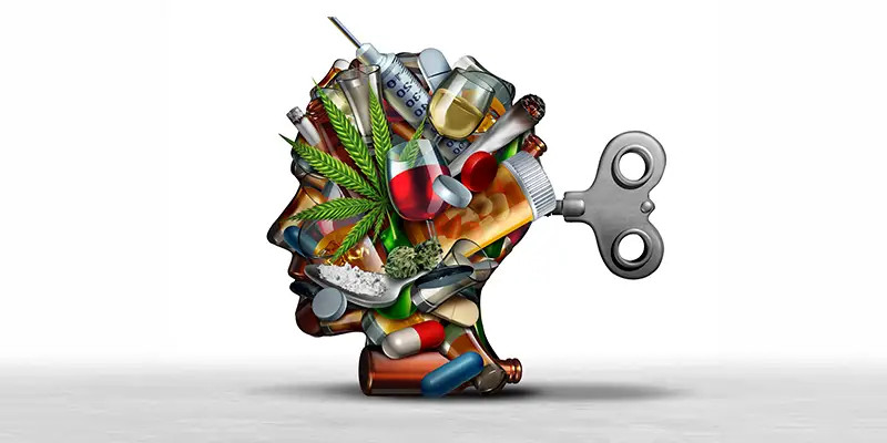 Tête stylisée composée d'éléments liés à la médecine et aux drogues (médicaments, seringues, feuilles de cannabis, bouteilles), avec des interrupteurs mécaniques sur le côté, illustrant une métaphore visuelle sur la dépendance ou le contrôle mental.