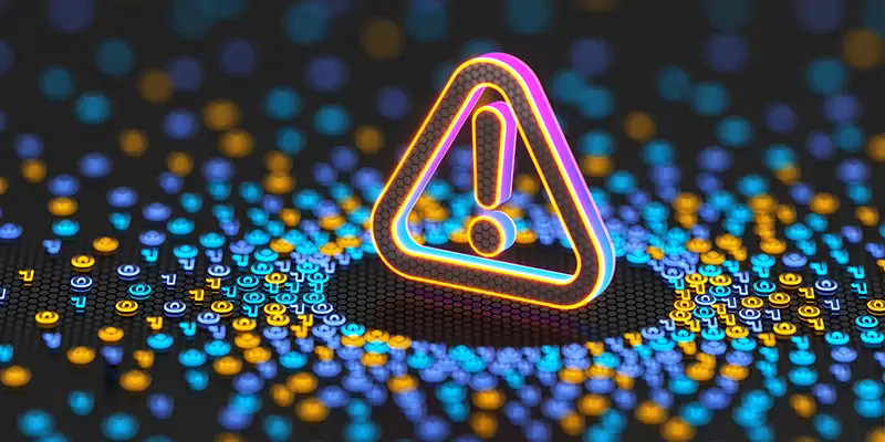 Symbole lumineux d'avertissement en forme de triangle avec un point d'exclamation, entouré d'un fond numérique composé de données binaires colorées, évoquant une alerte ou une menace en cybersécurité.