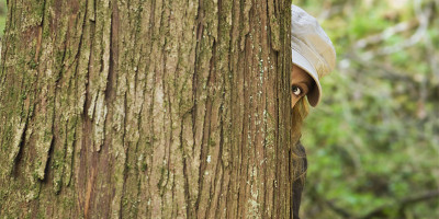Une femme se cachant derrière un arbre